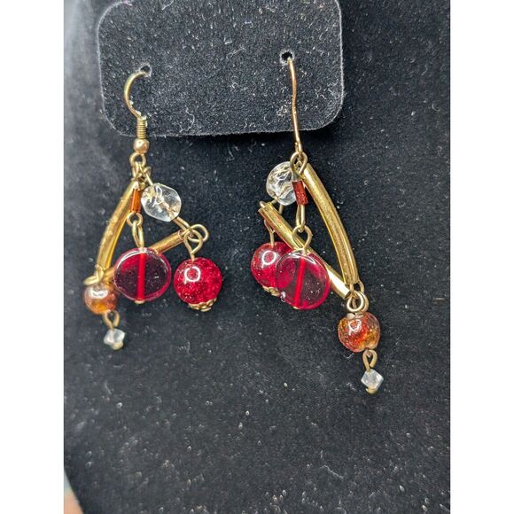 Red & Gold Bead Dangle Earrings – Gift Boxed, Vintage Look - Picture 4 of 5